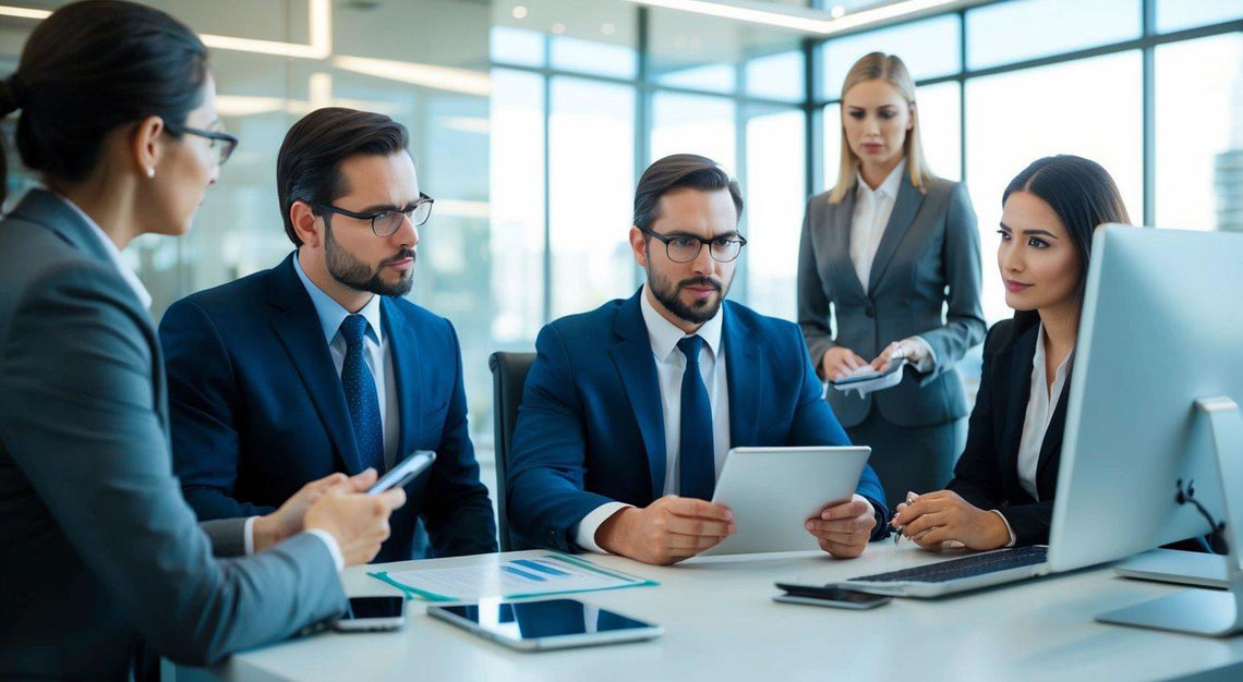 A computer crime lawyer in Arizona reviews digital evidence and consults with clients in a modern office setting